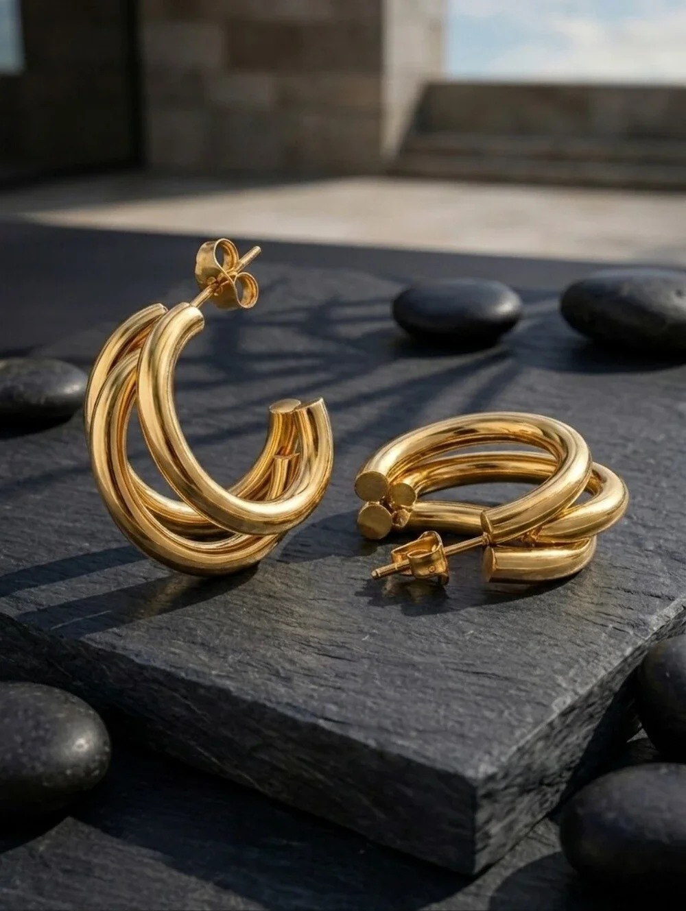 18K Gold Plated Chunky Triple Hoop Earrings Sculptural Clean Girl 0.8